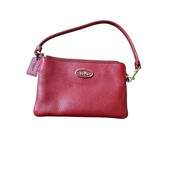 Coach Cranberry Leather Wristlet Clutch Bag With Gold Accents - Picture 1 of 8